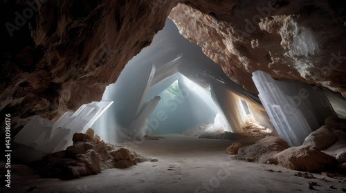 A mystical cave with giant crystal formations and rugged rock surfaces illuminated by a soft ambient light.