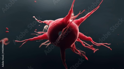 Close-up view of a red biological neuron structure with multiple branching extensions against a dark background.