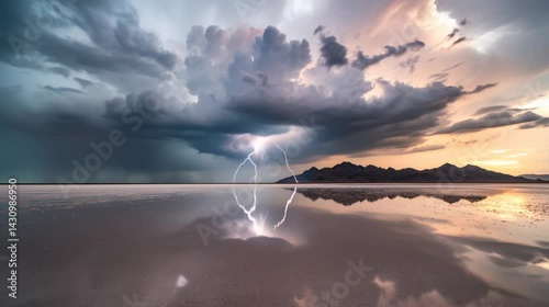 Dramatic lightning storm over a reflective salt flat landscape with dark, ominous clouds.
