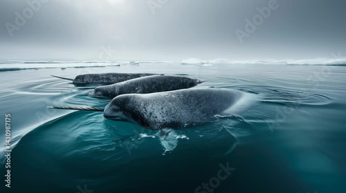 Three narwhals swim together in icy Arctic waters, their tusks prominently visible above the surface.