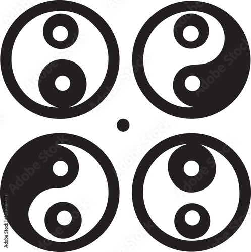 Yin Yang Symbols: A set of four Yin Yang symbols, representing balance, harmony, and duality.  The classic design features a circle divided into two contrasting halves.