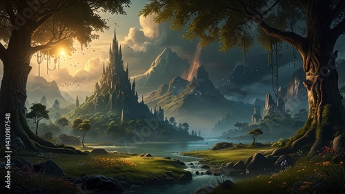 Majestic castle sunrise, fantasy landscape, book cover art