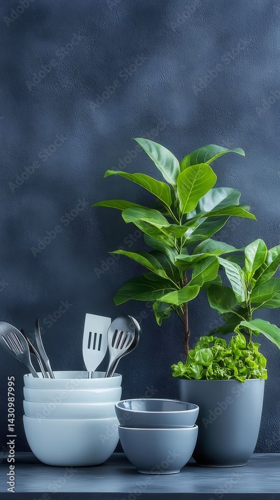 青と白のボウルと緑の植物を備えたモダンなキッチンテーブルの静物イメージ