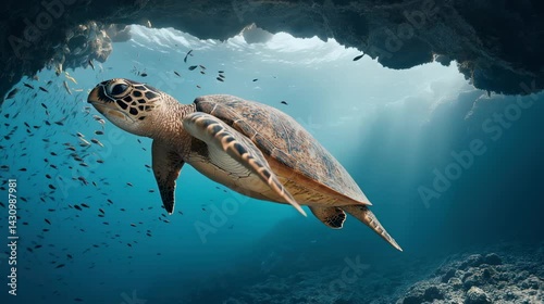 A sea turtle swims gracefully underwater amidst a school of fish in a sunlit ocean cave.