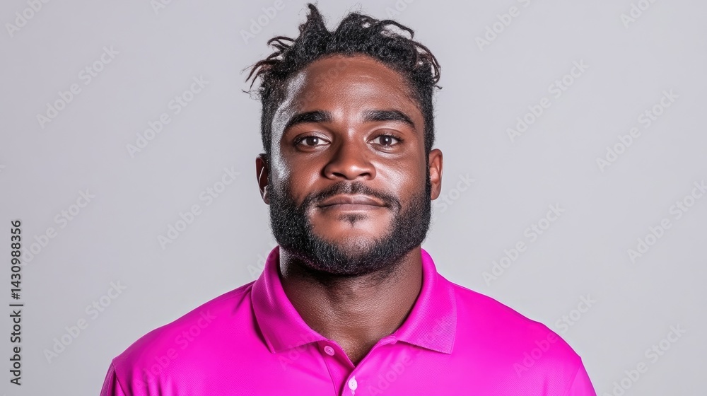 Obraz premium A professional man in bright pink polo shirt posing for a headshot, neutral grey background, clean and modern composition, and business portrait concept.