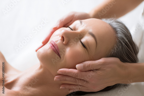 mujer mayor de 50 años relajada tumbada, recibiendo un masaje facial en un spa con fondo luminoso