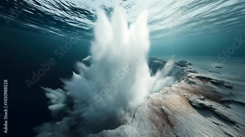 A dramatic underwater scene featuring a rocky seafloor with a deep chasm emitting a cloud-like plume.