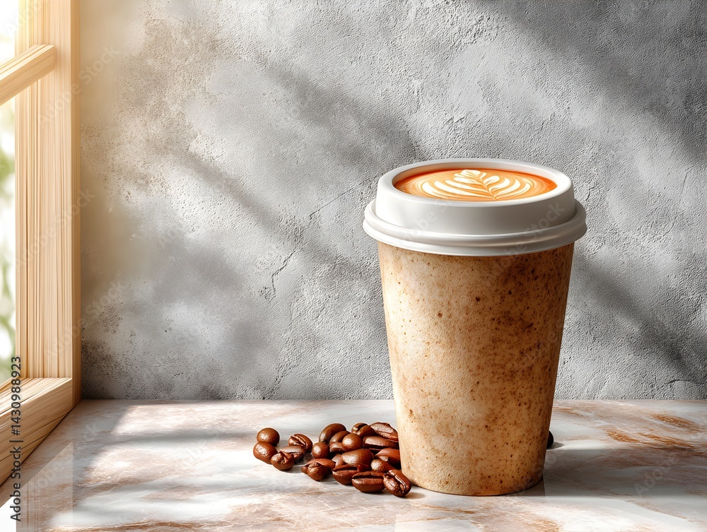 A clean coffee cup mockup resting on a table, set against a matte gray cement wall, minimalist and modern with industrial aesthetics.