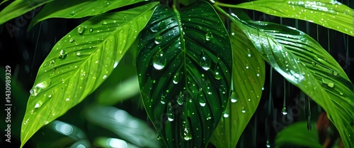 Close up of raindrops trickling from broad tropical foliage after a sudden heavy shower vibrant greens enhanced