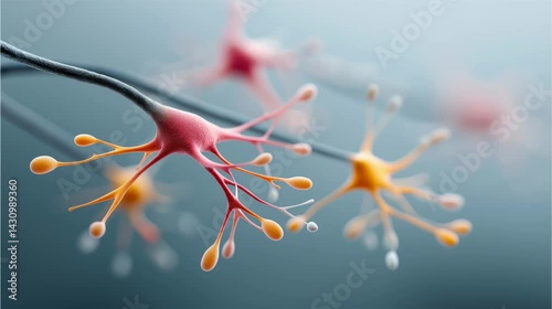 A detailed 3D illustration of a neural network with colorful neurons and synapses on a blue background.