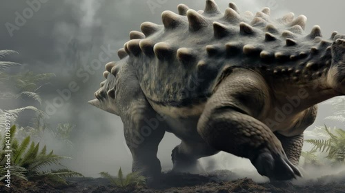 A detailed depiction of an armored dinosaur, possibly an Ankylosaurus, in a misty prehistoric environment with surrounding plants.