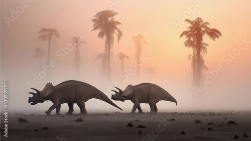 Two triceratops dinosaurs roam a prehistoric landscape with fog and palm trees in the background.