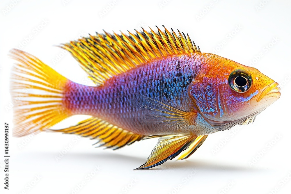 Fototapeta premium Vibrant cichlid fish displaying stunning colors and detailed fins against a simple background