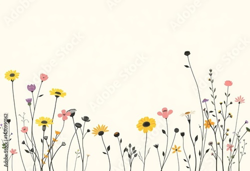 Seamless minimalist floral doodle pattern background Small wildflowers and plants in a simple sketch style, graphic, small