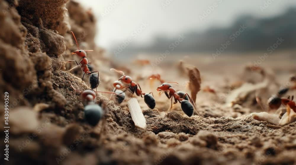 A close-up of red ants working on a sandy surface, conveying teamwork and diligence in a natural environment.