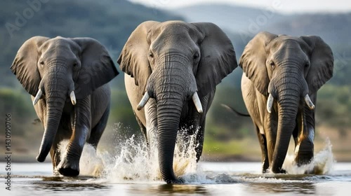 Three African elephants running through water in a natural landscape with blurred mountains in the background.