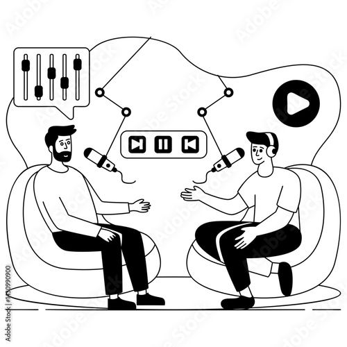 Sound Waves Stories set vector design, Podcast or slice-of-life journalism scene,Sitcom web series banner, vodcast audio blogging illustration, Podcasters sitting on bean bag holding mic concept