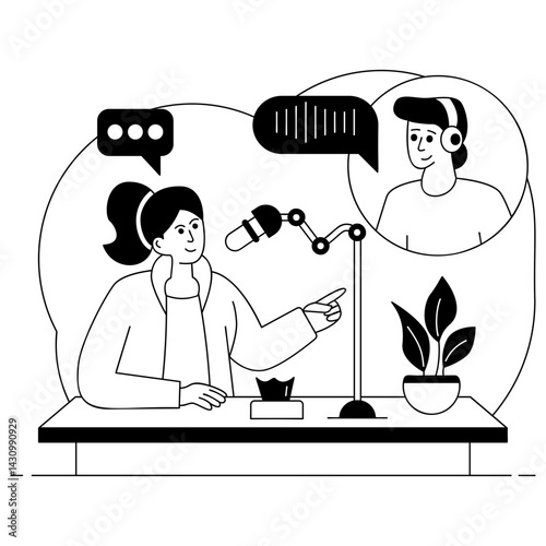 podcaster connects with audience in real-time vector design, Podcast or slice-of-life journalism scene,Sitcom web series banner, Narrative audio, public radio show and callers concept