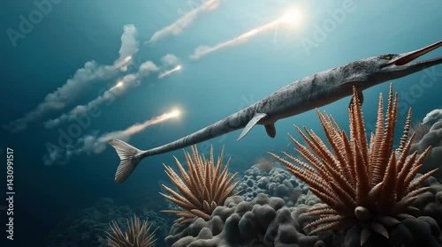 An underwater scene depicts an ancient marine reptile swimming near coral formations with meteorites entering the atmosphere above the ocean.
