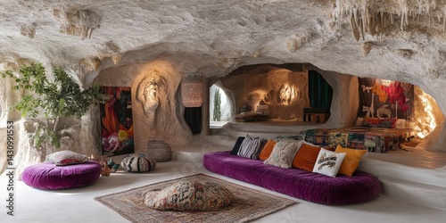 Artistic cave house with creative layouts, colorful accents, and a blend of natural and modern design