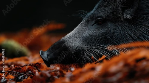 Close-up of a wild boar's face in a forest setting with focus on its textured fur and nose amid autumn leaves.