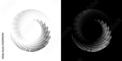 Dynamic abstract spiral sound wave rhythm lines. Circular spiral sound wave rhythm of lines. Circular futuristic abstract lines, black and white background.