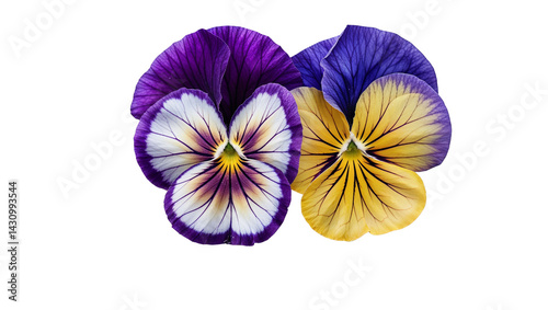 Two pansy flowers blossoming with vibrant yellow purple and white colors
