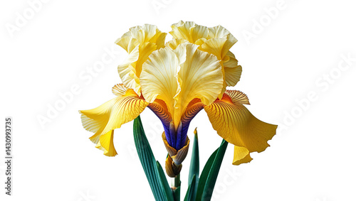 Vibrant yellow iris flower blooming elegantly on isolated black background