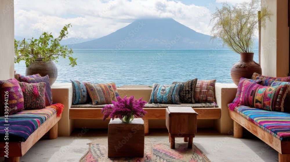 Fototapeta premium Guatemalan lakeside living room with bright textiles, wood benches and view of volcano rising through clouds