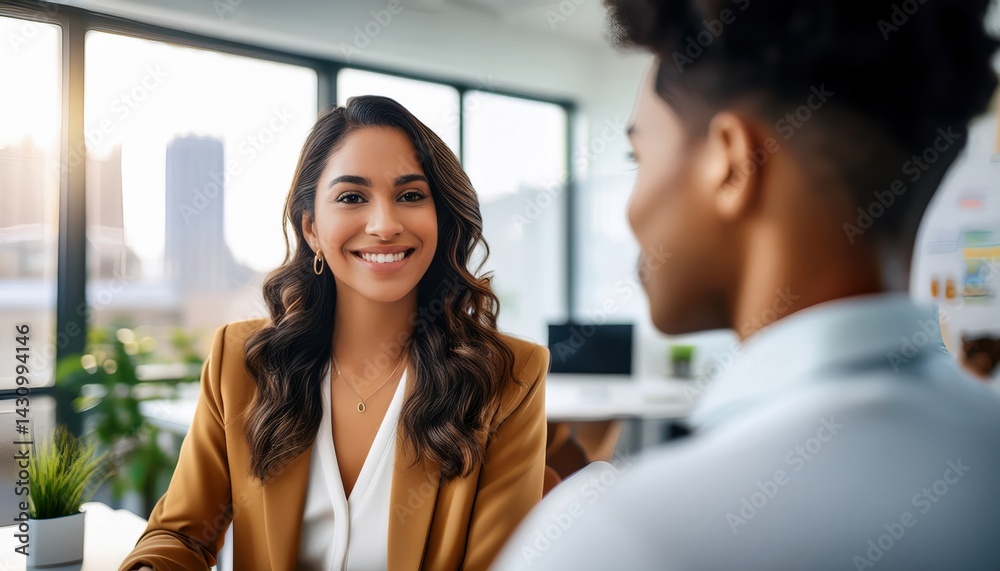 Obraz premium Two professionals engage in a dynamic discussion in a modern workspace filled with natural light.