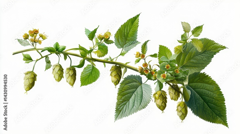 Delicate hand-painted hop plant in watercolor style, perfect for garden-themed designs Delicate hand-painted hop plant in watercolor style, perfect for garden-themed designs