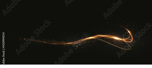 Golden curved light ribbon png with shine. Smooth gold twirl with glowing effect. Elegant festive line element. Glowing golden swirl png for decoration.