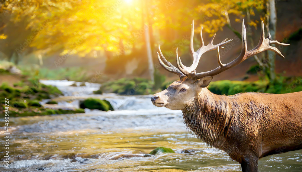 Hirsch am Fluss im Herbst