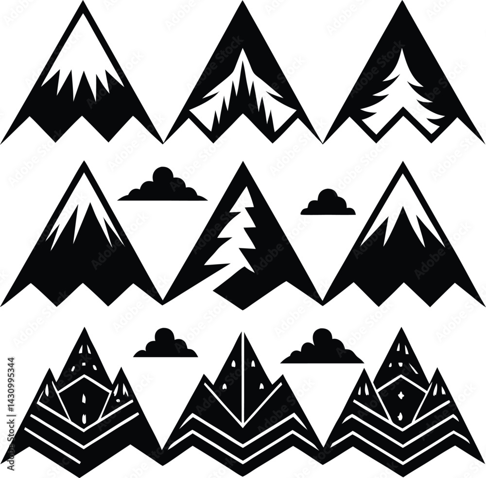 Obraz premium A vector set of Christmas tree icons depicts a winter holiday forest landscape with snowy mountain symbols for festive design and decoration