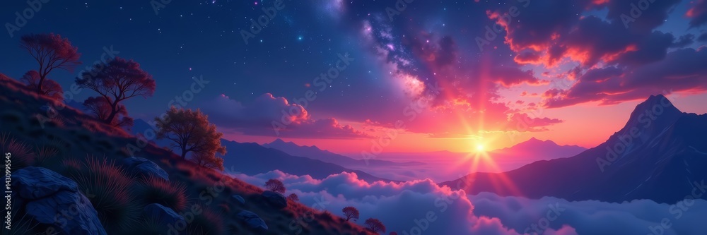 Naklejka premium Serene twilight with starry sky merging into morning sunrise, space galaxy theme, stars, sunrise