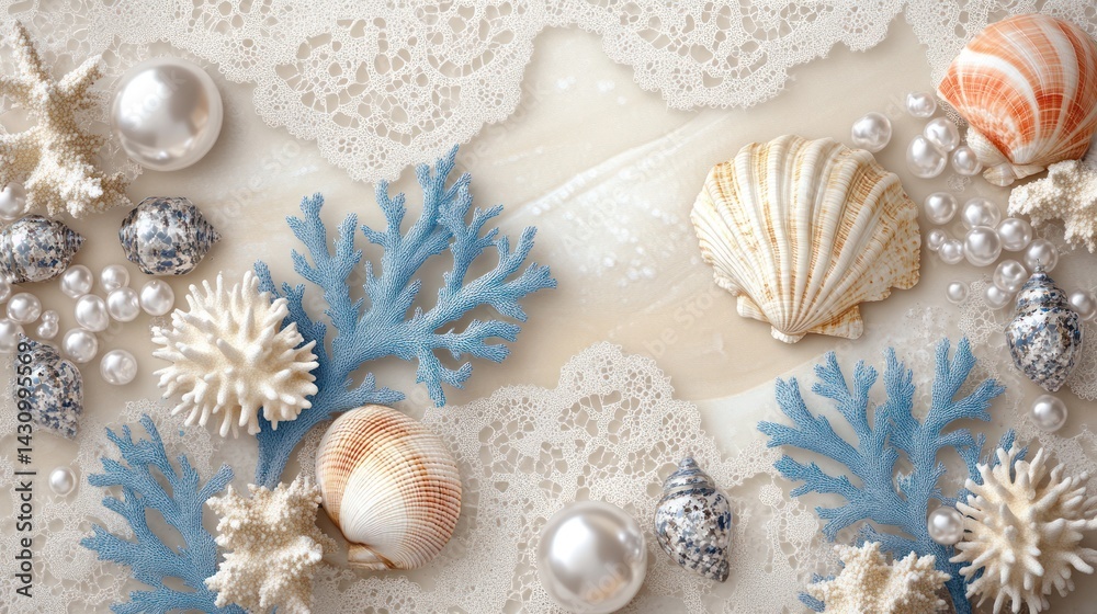 Decorative seashells, pearls, and coral on lace Decorative seashells, pearls, and coral on lace