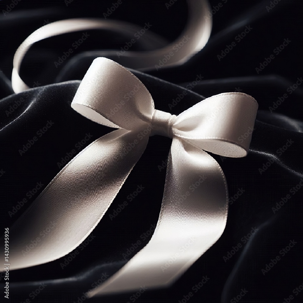 A close-up of a delicate white ribbon gracefully tied into a bow, resting on a dark velvet background for contrast. AI generated.