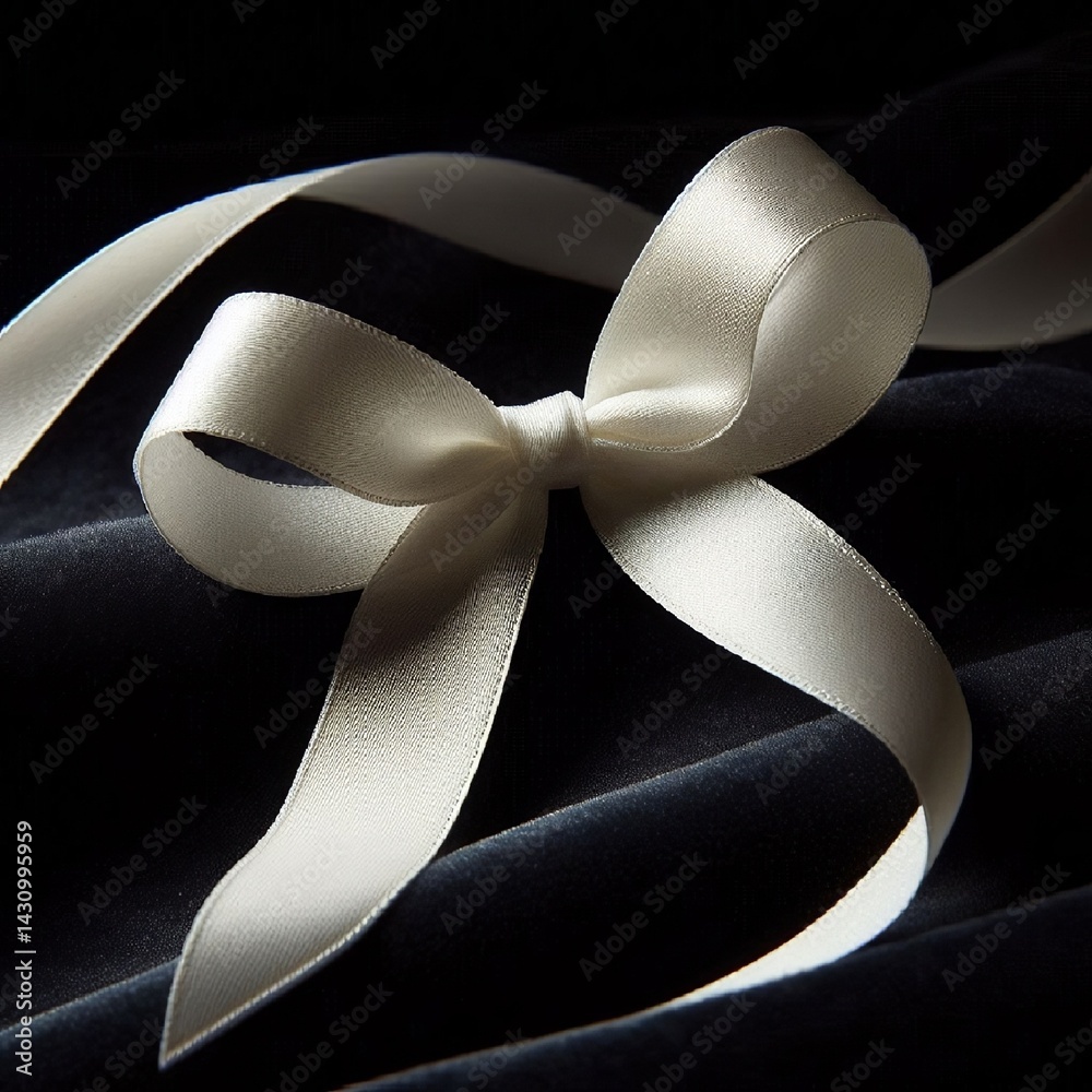 A close-up of a delicate white ribbon gracefully tied into a bow, resting on a dark velvet background for contrast. AI generated.