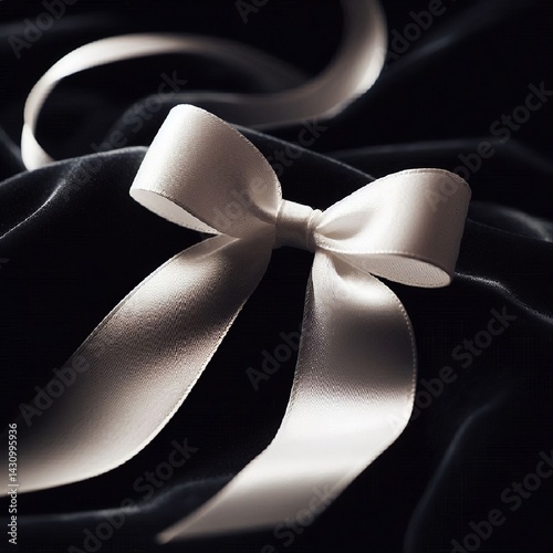 A close-up of a delicate white ribbon gracefully tied into a bow, resting on a dark velvet background for contrast. AI generated.