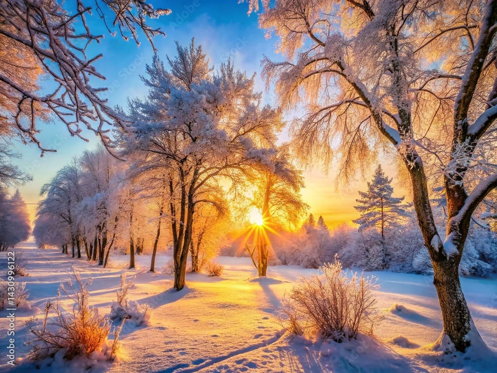 Naklejka premium Serene Winter Wonderland: Icy Forest Trees at Sunrise - High-Resolution Stock Photo