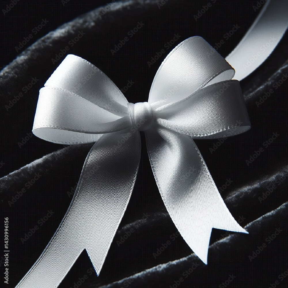 A close-up of a delicate white ribbon gracefully tied into a bow, resting on a dark velvet background for contrast. AI generated.