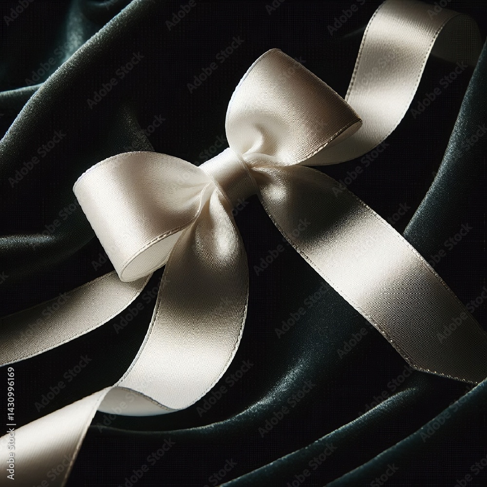 A close-up of a delicate white ribbon gracefully tied into a bow, resting on a dark velvet background for contrast. AI generated.