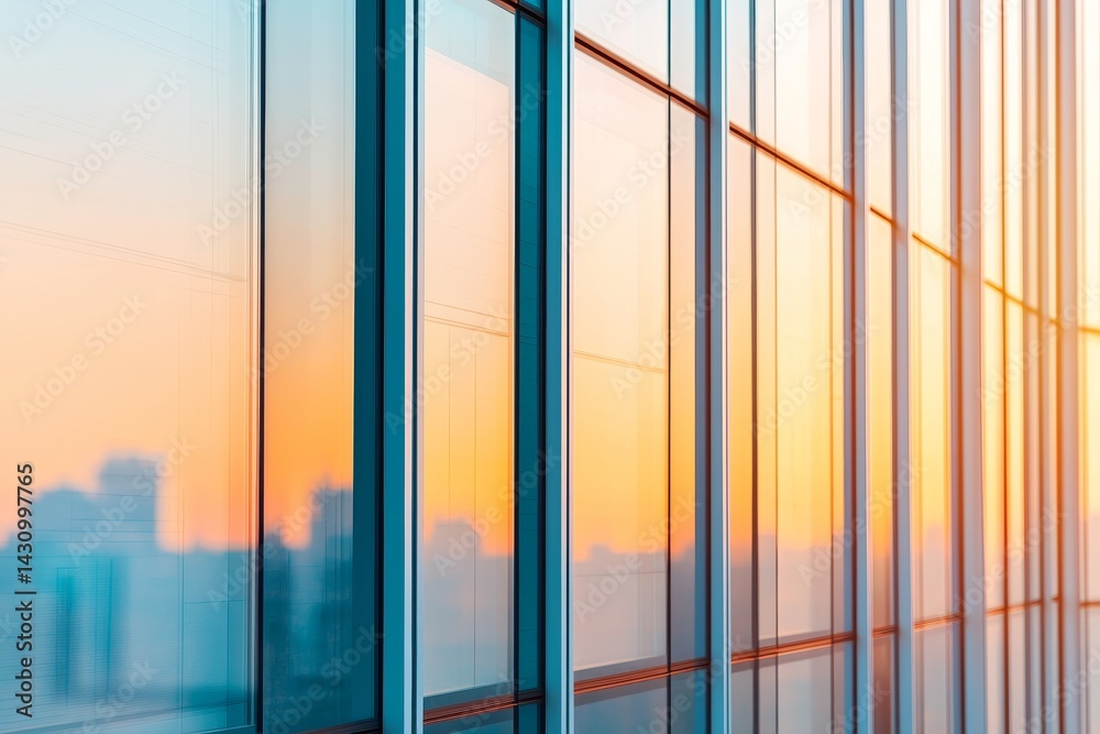 Modern glass building reflecting a colorful sunset skyline.