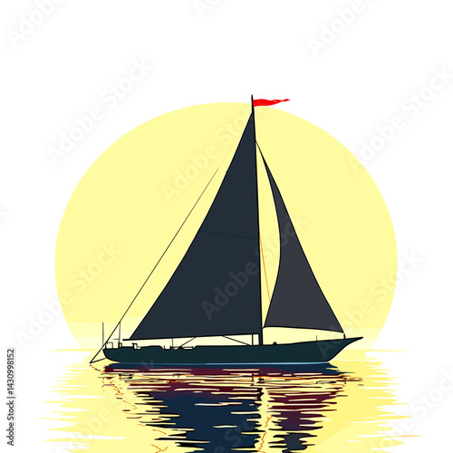 Sailing boat silhouette against a yellow sunset background with reflections on water