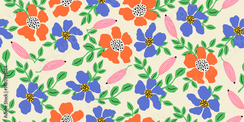 Hand drawn florals of tropical flowers, floral seamless pattern with flowers for fabric, textile, apparel, poster, cover, banner, wall art, background. Vector illustration.