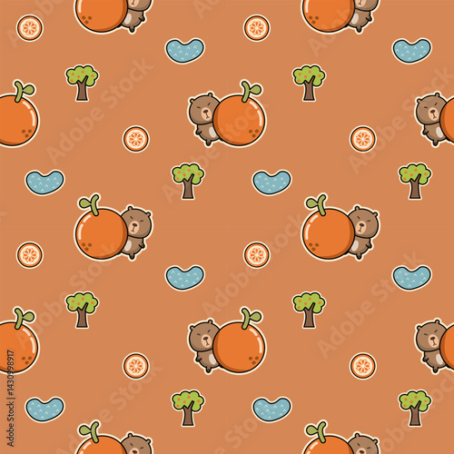 Capybara and orange cartoon so cute. On tree swamp orange background. Pattern seamless vector illustration. 