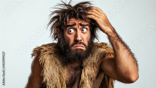 Confused Caveman Scratching Head Looks Off to the Side with Fur Vest