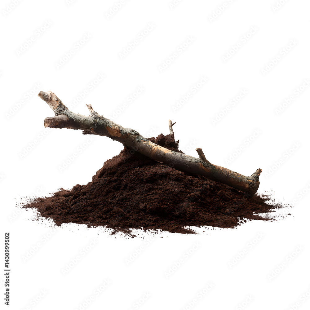 Fototapeta premium Soil, dirt pile with rotten branch isolated on white, side view --v 7.0