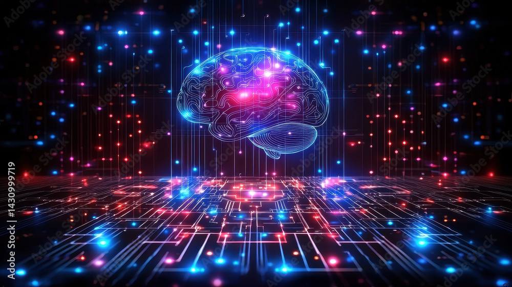 Mind-machine integration with advanced neural interface and glowing circuits in a futuristic setting