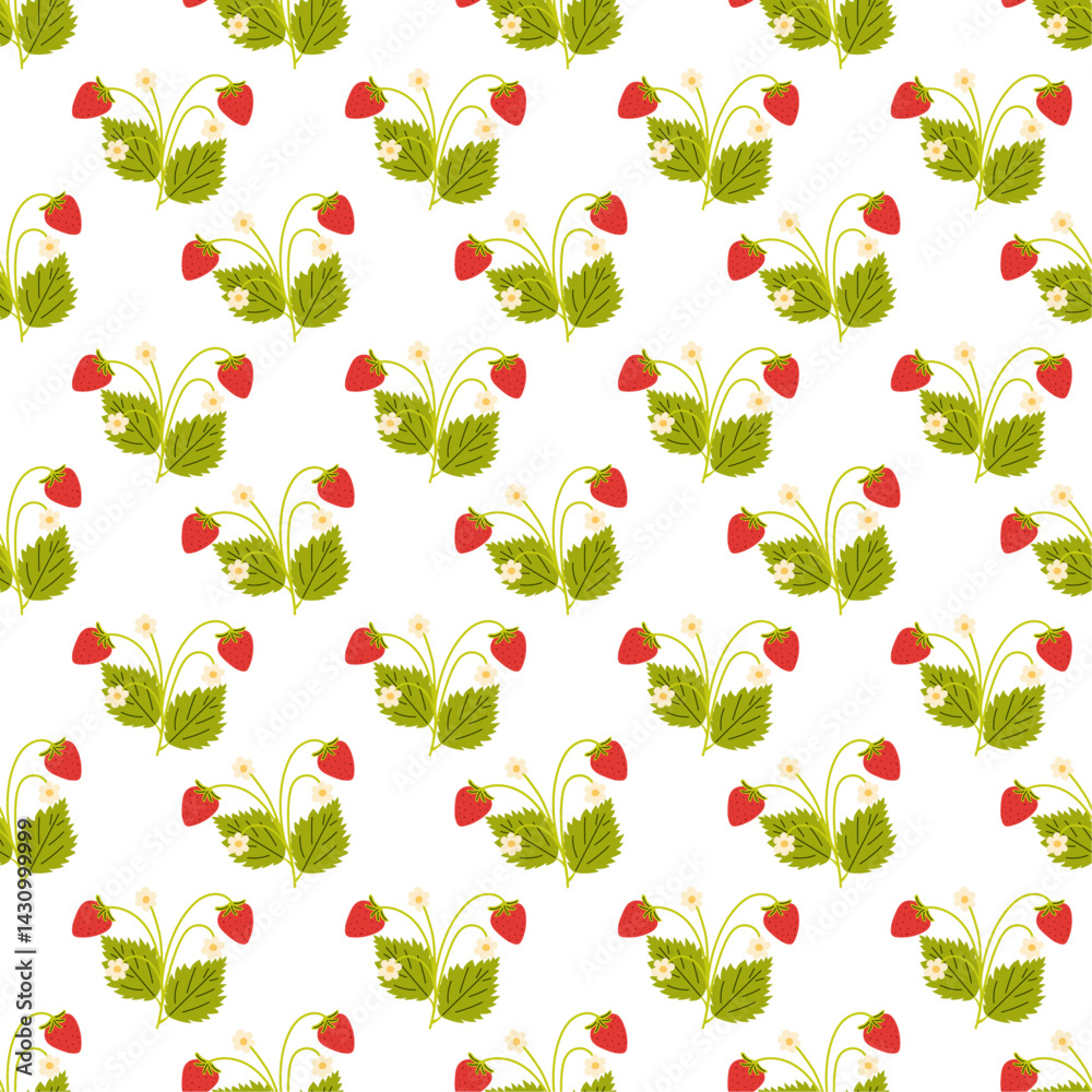 Summer seamless pattern with a bush of ripe strawberries. Vector illustration.